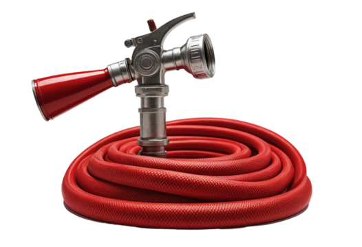 Coiled red fire hose with a metal nozzle against a white background. Image highlights firefighting equipment, showcasing the hose's texture and nozzle details.