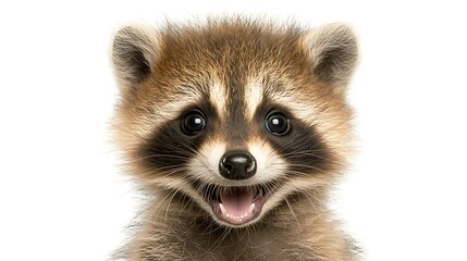 Obraz premium Adorable baby raccoon close-up, white background, happy expression, wide-open mouth