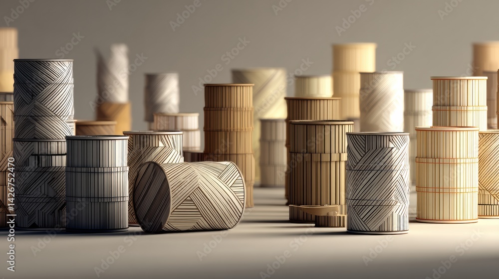Poster geometric arrangement of barrels in neutral tones displayed against a minimalist background