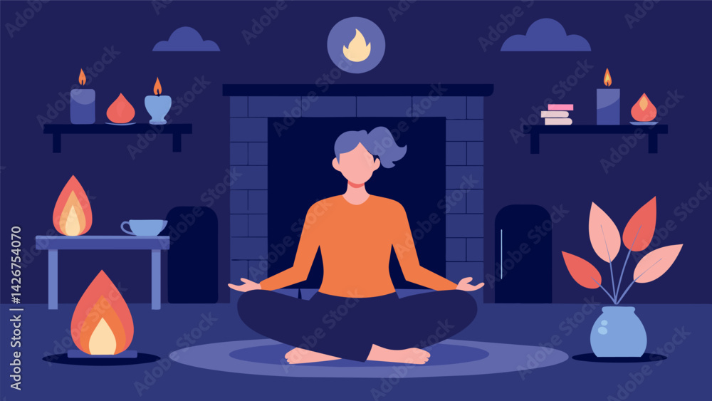 Poster a person sitting in front of a fireplace surrounded by candles and practicing deep breathing to find