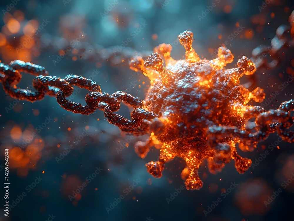 Poster virus particle wrapped in chains symbolizing containment and control