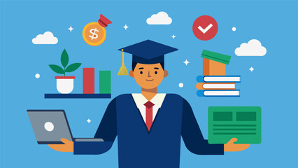 A recent college graduate taking on side jobs and freelance work to save extra money for loan payments.. Vector illustration