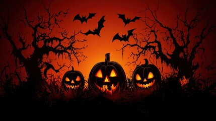 Spooky Halloween scene with glowing jack o' lanterns, bats, and bare trees against an orange sky. Perfect for Halloween themes.