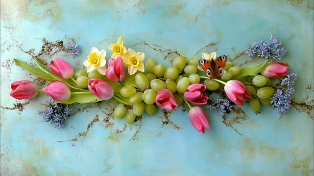 Tulips, daffodils, grapes, and butterfly arranged on vintage blue background in seamless looping 4k time-lapse animation video background. Nature concept