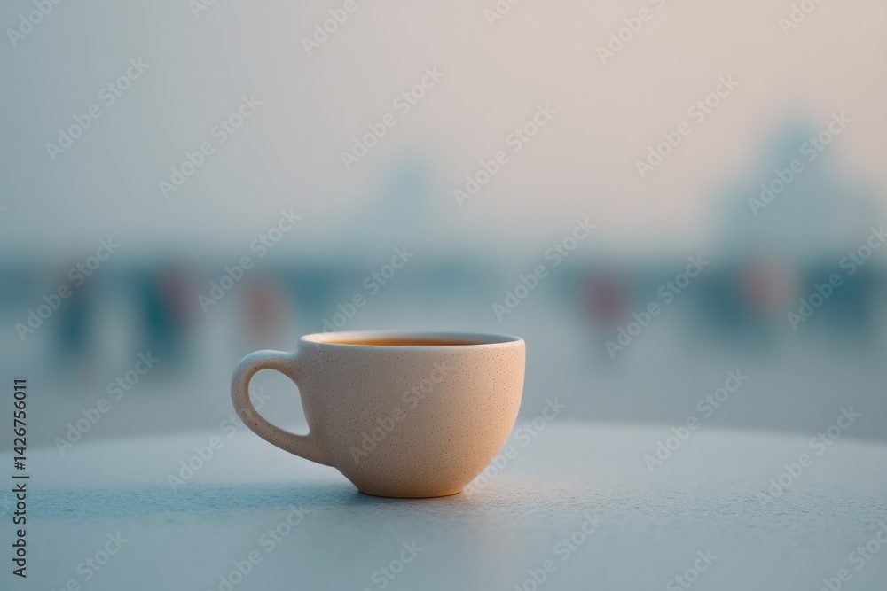 Poster minimalistic image of plain cup on table with blurred crowd of people in background providing abunda