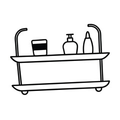 Black and white outline of a bathroom trolley with toiletries for design
