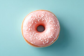minimalistic image of single donut with vibrant icing centered on pastel background with ample copy space