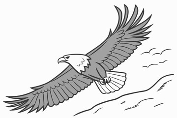 Bald eagle flying over a landscape cartoon illustration with birds in the sky