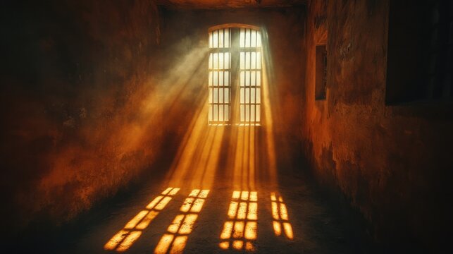 Shaft of sunlight piercing through bars, casting light on the desolate interior of a prison cell  - Powered by Adobe