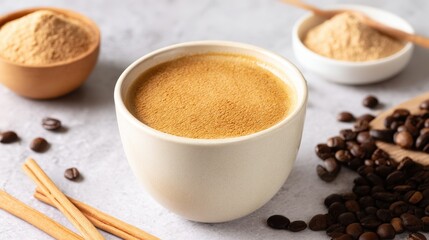 Fototapeta premium Warm cup of aromatic coffee surrounded by spices and coffee beans on a textured surface