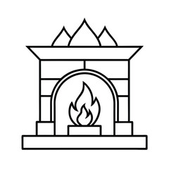 Fireplace with burning fire minimalist outline black and white illustration vector graphic