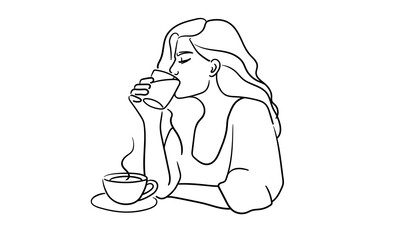 Woman drink coffee line art drawing. Barista made coffee on white background. Vector illustration	