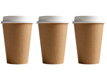 Three brown coffee cups with white lids are arranged side by side on a white background, emphasizing their uniform design and eco-friendly appeal,