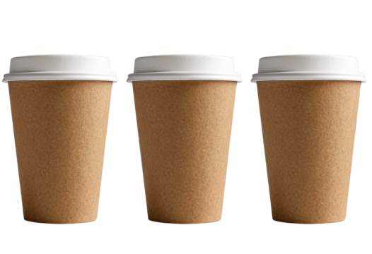 Three brown coffee cups with white lids are arranged side by side on a white background, emphasizing their uniform design and eco-friendly appeal,