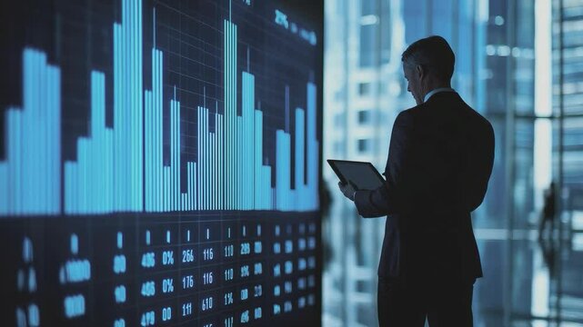 The Analyst's Vision: A focused analyst meticulously examines real-time financial data displayed on a large screen, illuminated by a digital tableau in a high-rise building, with a tablet in hand.