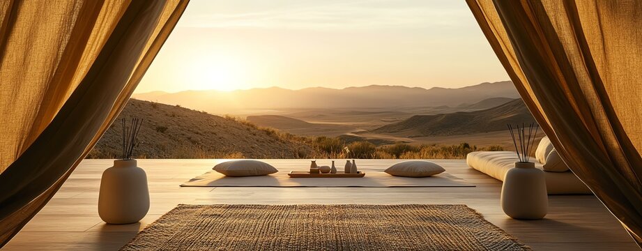 Outdoor wellness and mindfulness retreat. A tranquil setting with a stunning sunset view through fabric drapes, showcasing serenity and relaxation in nature.