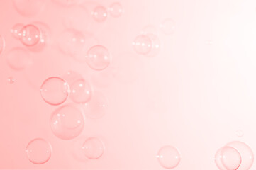 Beautiful Pink Soap Bubbles Floating in The Air. Celebration Festive Backdrop. Freshness Soap Suds Bubbles Water. Pink and White Gradient Textured .Abstract Background.	
