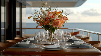 Luxury Yacht Outdoor Dining Table Setting At Sunset