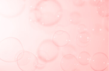 Beautiful Pink Soap Bubbles Floating in The Air. Celebration Festive Backdrop. Freshness Soap Suds Bubbles Water. Pink and White Gradient Textured .Abstract Background.	
