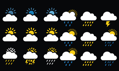 Set of weather icons flat vector design , Contains symbols of the sun, clouds, snowflakes, wind, rainbow, moon and much more flat vector
