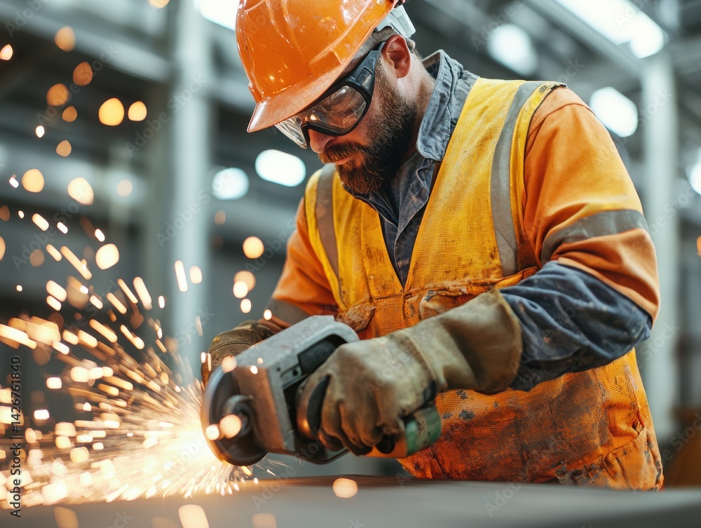 Poster a skilled worker using a power tool creates sparks while wearing protective gear in an industrial se