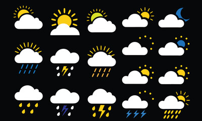 Obraz premium Set of weather icons flat vector design , Contains symbols of the sun, clouds, snowflakes, wind, rainbow, moon and much more flat vector