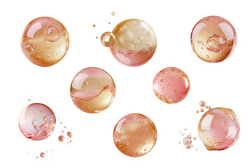 Golden pink oil bubble with photorealistic details and a glossy finish on transparent background