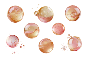 Golden pink oil bubble with photorealistic details and a glossy finish on transparent background