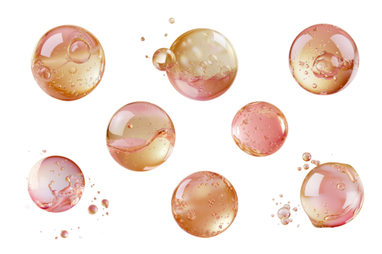Golden pink oil bubble with photorealistic details and a glossy finish on transparent background