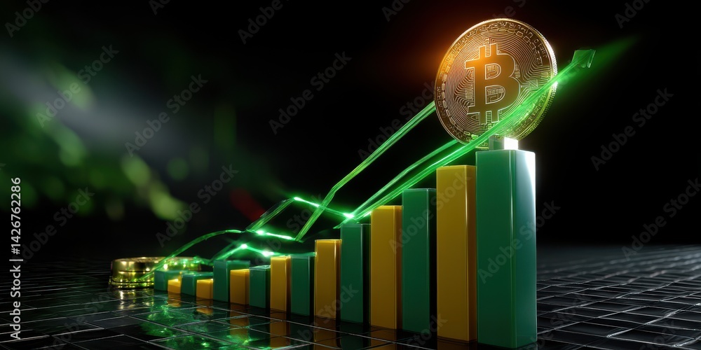 Poster glowing coin on rising green and yellow bar graph, abstract 3d rendering