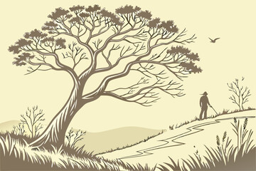 Serene landscape with lone figure under tree in minimalist vector art style