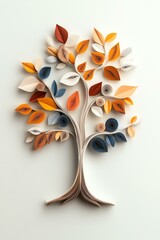 Quilling paper floral curls and rolls, delicate floral rolls from colored quilling paper. Colorful paper cut tree with autumn leaves in vibrant hues of orange and blue.