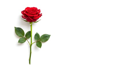 Red single rose on white background for love and romantic occasions with copy space area