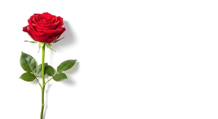 Red single rose on white background for love and romantic occasions with copy space area