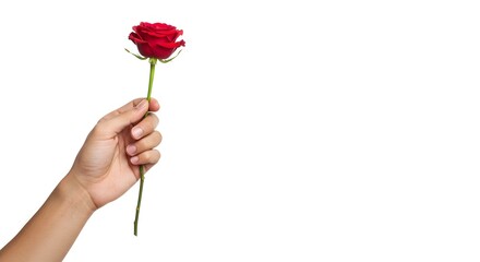 Hand holding a red rose with green leaves isolated on white background, symbolizing love and romance