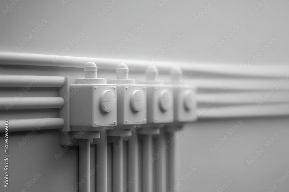 Poster minimalistic scene capturing intricate web of electrical wires and junction boxes on smooth clean wa