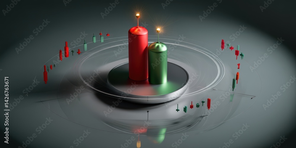 Poster abstract 3d render of red and green candles on metallic platform