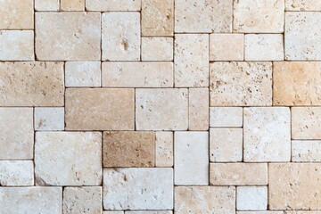 A textured stone wall composed of various rectangular tiles in beige and cream tones, showcasing a natural, rustic aesthetic.