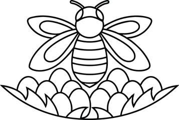 Bee on Cloud, Black Outline with Transparent Background, Insect with Wings and Antenna