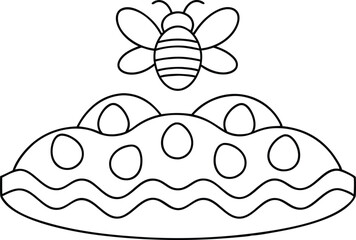 Simple Bee Flying Over Easter Eggs Nest Black Line Isolated Art