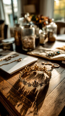 Fototapeta premium A golden crown sits on a wooden table surrounded by jewelry and glass jars, bathed in the warm light of a sunny day.