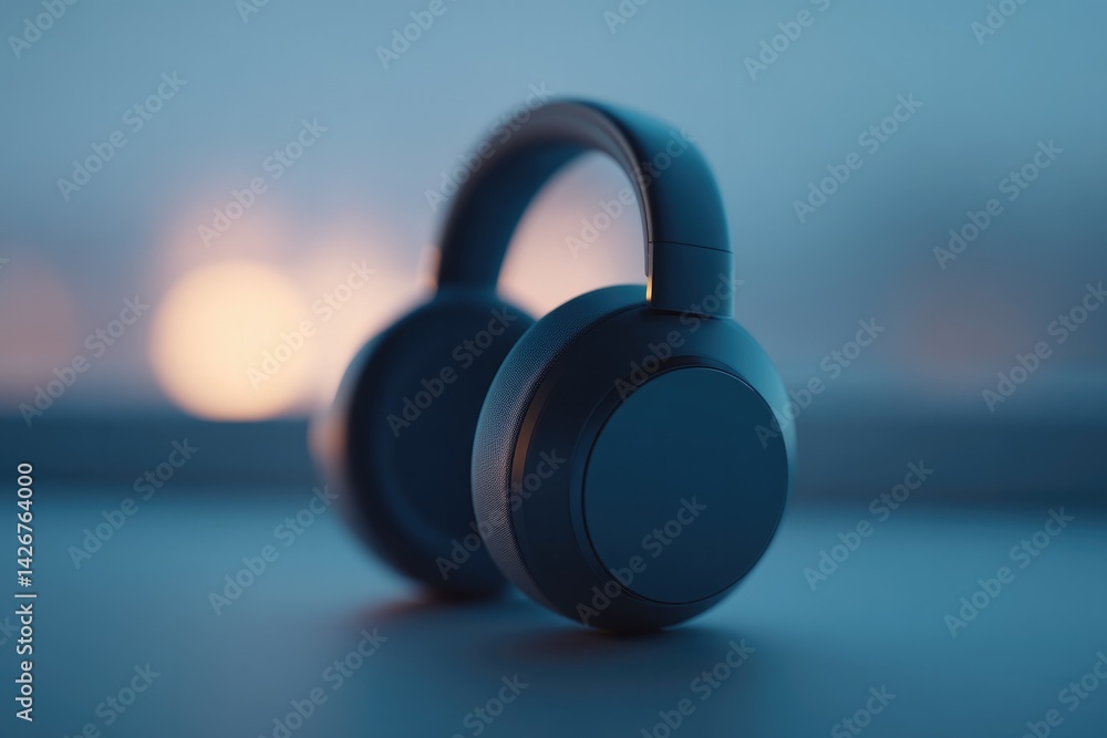Poster minimalistic setup with laptop and headphones on clean desk hints of online learning ample copy spac