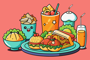 Fast food icons set features cartoon hamburger, pizza, and hotdog vector illustrations for a quick meal