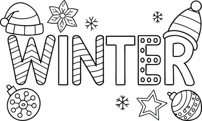 Winter word coloring page with holiday ornaments, snowflake, star and santa hat