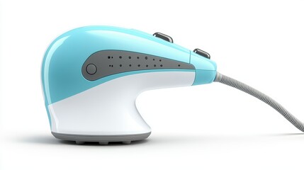A portable handheld steamer for clothes with folding stand isolated on a pure white background, realistic lighting and shadow, ideal for cut-out and compositing