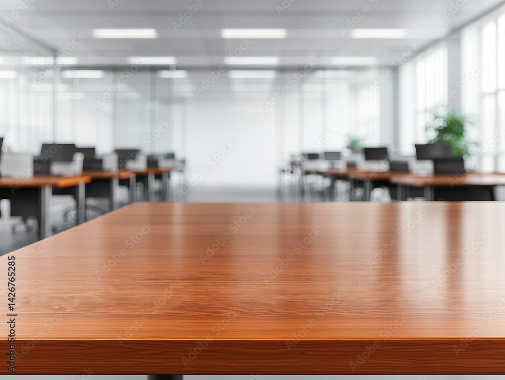 Poster a modern office interior focusing on a wooden table in the foreground, with empty desks and large wi