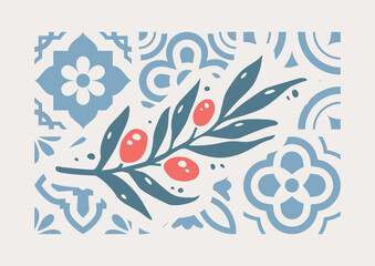 Obraz premium Olive Branch Silhouette on Mediterranean Blue Tile