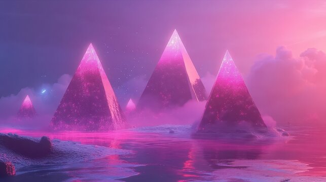 Surreal landscape with glowing pyramids in pink and purple hues, reflected in water under a cloudy sky. Concept of fantasy, dreamscape, futuristic.