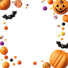 Pumpkins and sweets with happy bats create a fun halloween theme full of color