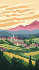 Naklejka premium Retro Tourism Poster of Bourgogne-Franche Landscape with Rolling Hills and Vineyard Vibes